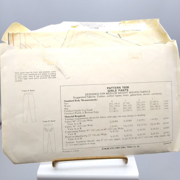 Vintage Sewing PATTERN 1506, Kwik Sew 1985 Girls Pants, Child Size 4 5 6 7 - Picture 2 of 2